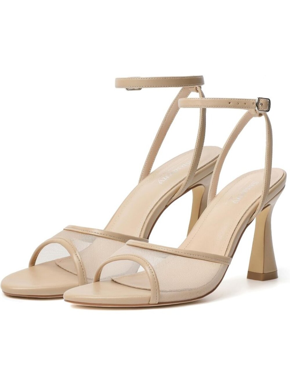 Womens Nude Mesh Pointed Open Toe Strappy Chunky Block Stiletto High Heels Shoes